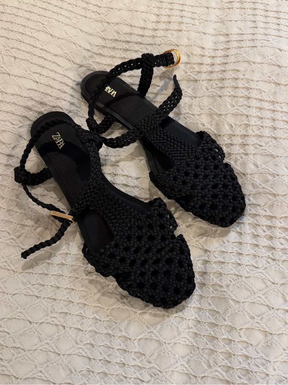 Zara Black Woven Sandals with Ankle Tie